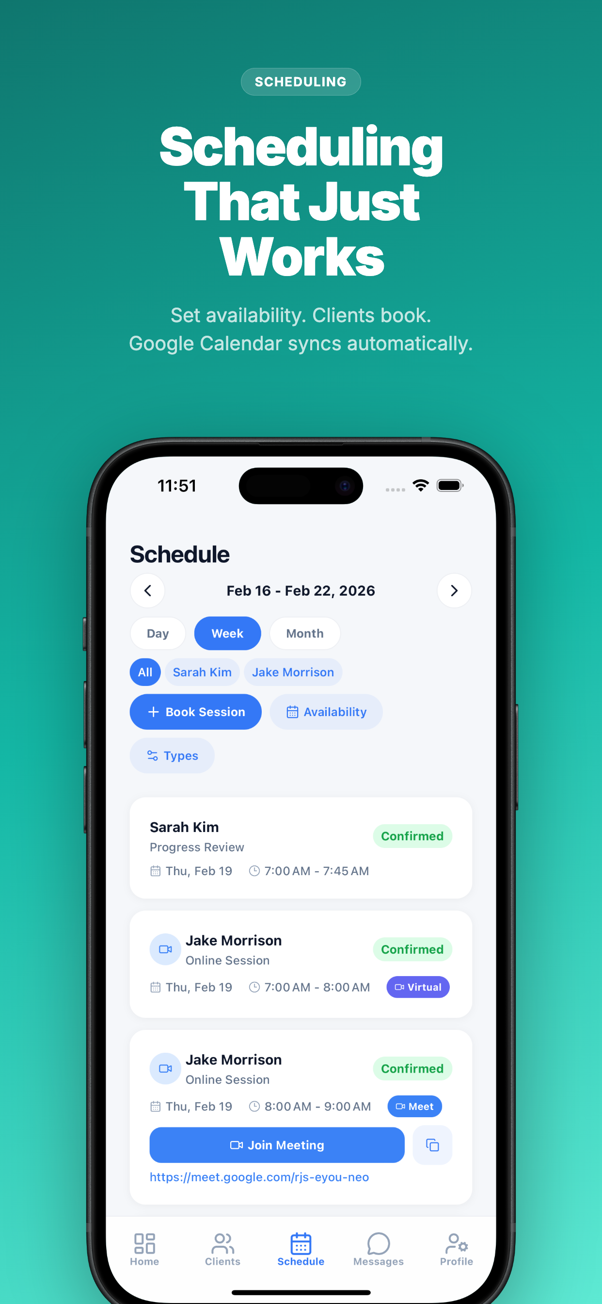 FirstRep scheduling showing availability slots, appointment types, and Google Calendar sync